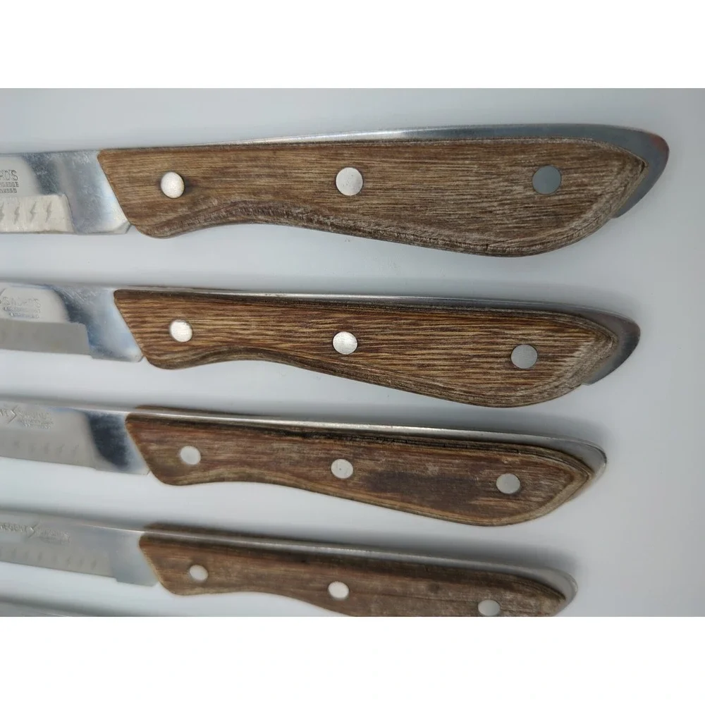 Vtg 5 Regent Swords Lightning Japan‎ SS Steak Knives Full Tang Wood Handle READ